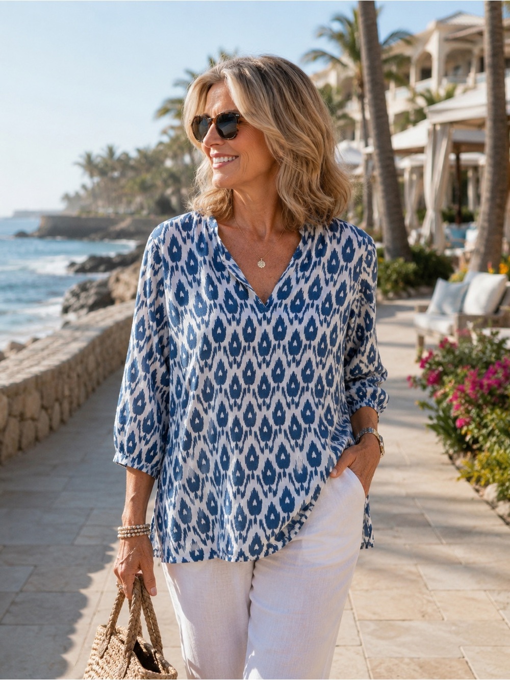 Gretchen Scott Coastal Beach Resort Blue White Tunic Top Size S